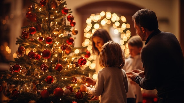 una familia disfrutando del árbol de navidad en una sala de estar