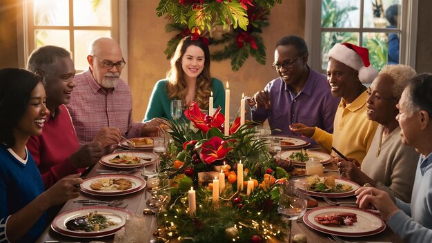 Familia disfrutando de una cena de Navidad en el hemisferio sur