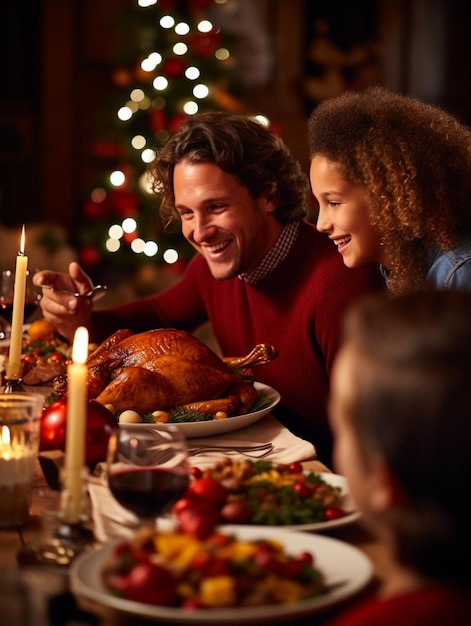 Foto familia disfrutando de la cena de navidad en la mesa