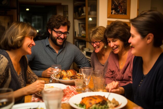 Familia disfrutando de una comida festiva de Hanukkah