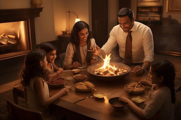 Una familia disfrutando de una comida tradicional india en casa