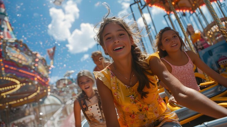 Foto familia disfrutando de un día lleno de diversión en un parque de atracciones con atracciones emocionantes y recuerdos alegres
