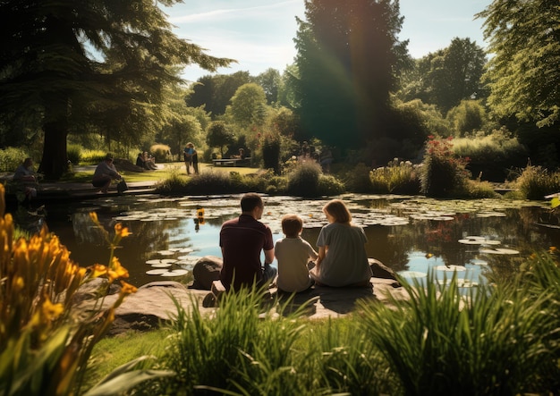 Una familia disfrutando de un día soleado en un jardín botánico del parque.