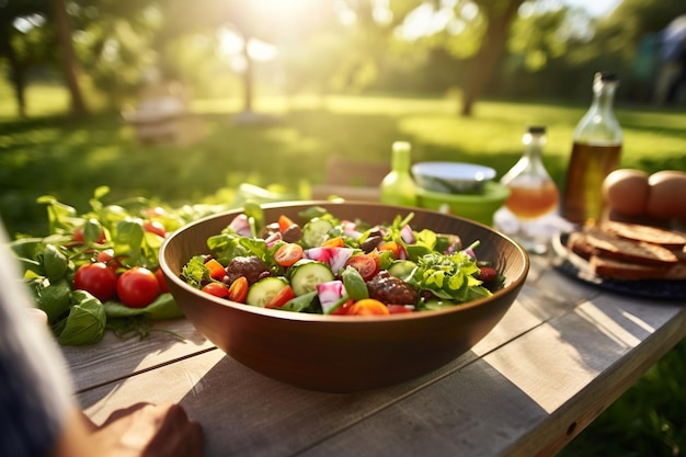 Una familia disfrutando de ensalada griega juntos en un picnic en el parque