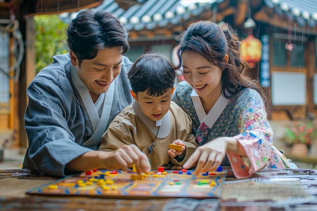 Familia disfrutando de un juego de mesa tradicional en Hanbok Vestidos en interiores Cultura asiática Unidad