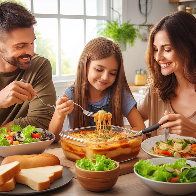 Una familia disfrutando de una lasaña para la cena