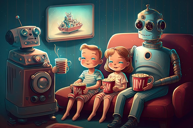 Familia disfrutando de una noche de cine con un lindo robot que sirve palomitas de maíz y bebidas creadas con inteligencia artificial generativa