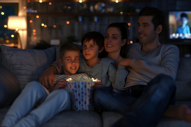 Familia disfrutando de una noche de cine con palomitas de maíz