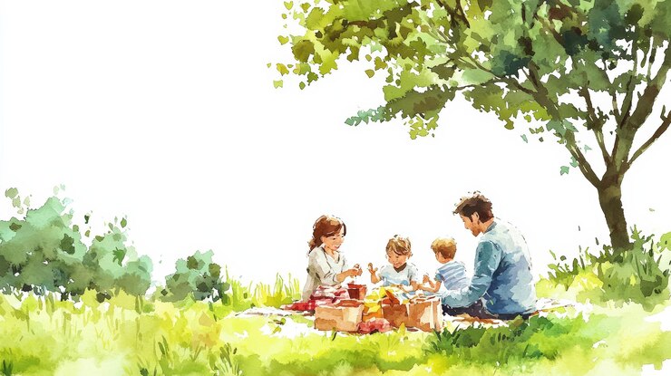 Una familia disfrutando de un picnic al aire libre bajo un árbol rodeada de la belleza de la naturaleza creando recuerdos queridos juntos