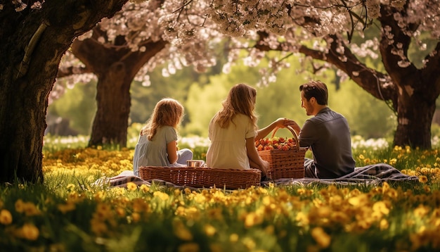 Foto una familia disfrutando de un picnic bajo árboles en flor