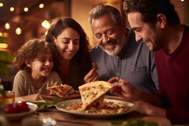 Familia disfrutando de quesadillas en una mesa de cena