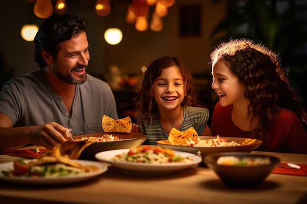 Familia disfrutando de tacos juntos en la mesa