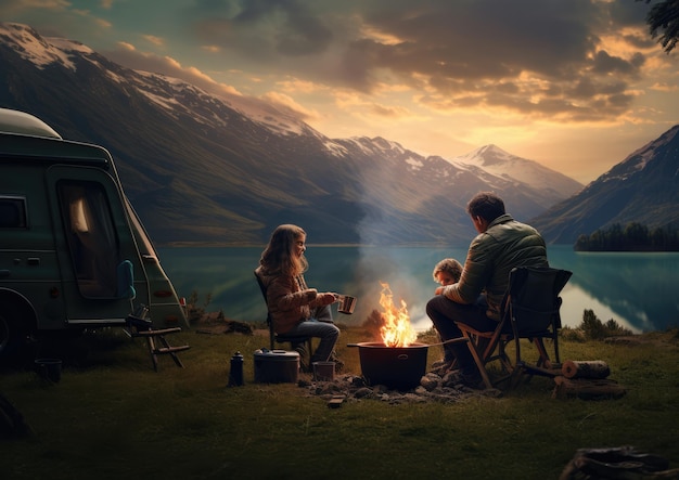 Una familia disfrutando de un viaje de campamento en las montañas.