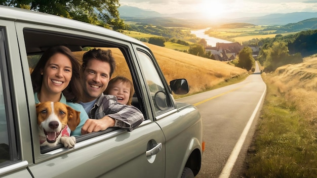 Familia disfrutando de las vistas en un viaje en coche