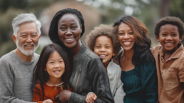 Família diversificada sorrindo feliz sessão de fotos fora de diversão