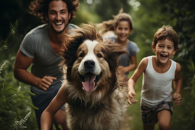 Foto família divertida, crianças felizes e pais com cachorro como família executando ia generativa