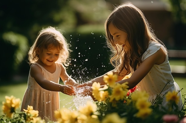 Família Divertida Duas Meninas Espalhando Água no Jardim