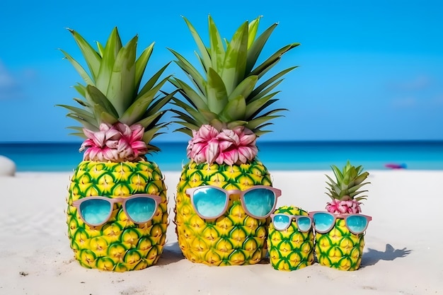 Familia de divertidas y atractivas piñas con elegantes gafas de sol en la arena contra el mar turquesa Concepto de vacaciones de verano tropical Red neuronal generada por IA