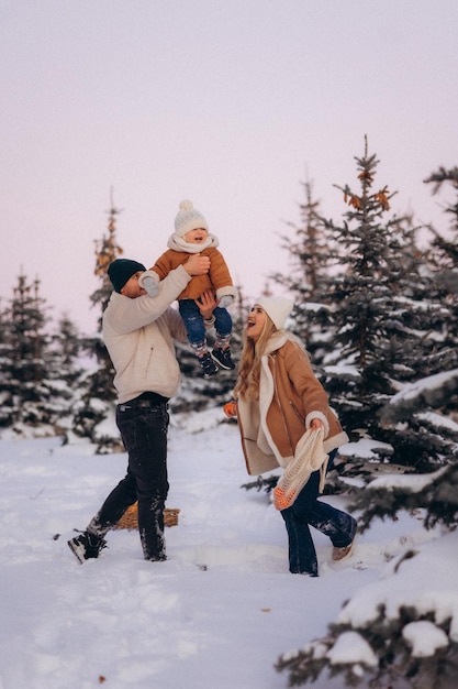 la familia se divierte en invierno en el parque con abetos