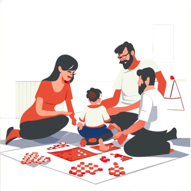Familia divirtiéndose jugando juegos de mesa en la Noche de Juegos