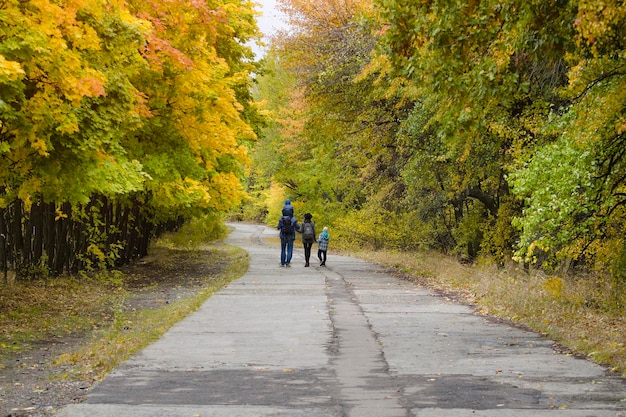 Familia con dos hijos están caminando en el parque de otoño Vista posterior