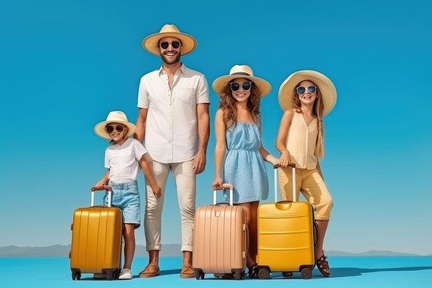 Foto familia con dos hijos de vacaciones en el mar con maletas