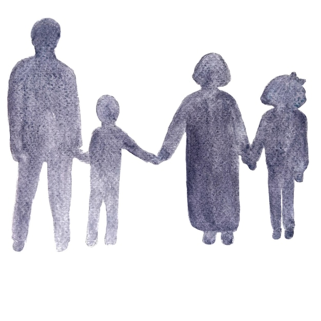 Una familia con dos niños que se toman de la mano una silueta de acuarela monocromática en tonos de violeta