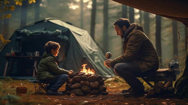 familia de dos viajeros con mochilas cerca del bosque acampando en las montañas viajes familiares