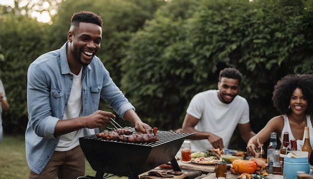 Foto família e amigos afro-americanos se divertindo em uma festa de churrasco ao ar livre