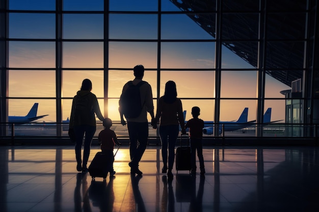 Família e companheiros de viagem olhando para o horizonte aguardando seu voo em um moderno terminal de aeroporto