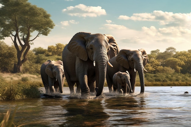 Familia de elefantes africanos cruzando un río