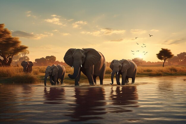 Familia de elefantes africanos cruzando un río