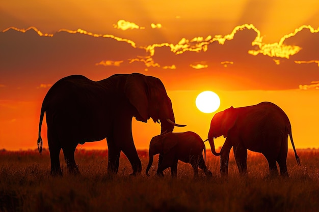 Una familia de elefantes frente a una puesta de sol africana