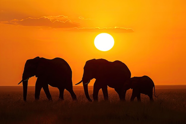 Una familia de elefantes frente a una puesta de sol africana