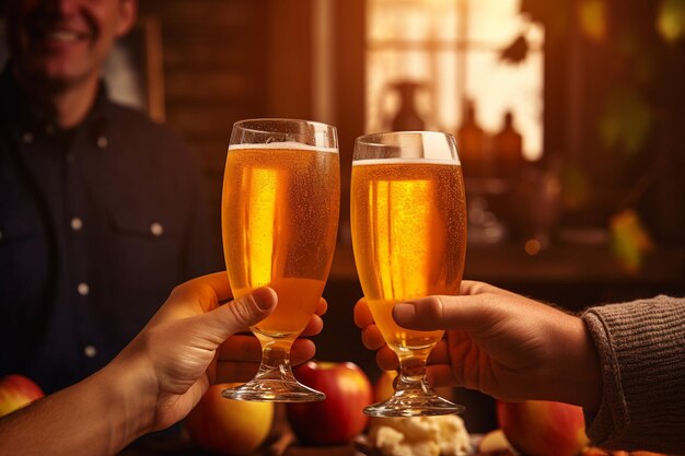 Foto una familia elevando sus vasos de jugo de manzana en un brindis durante el desayuno