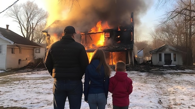 Família em frente a uma casa em chamas durante um incêndio grave no inverno Generative AI