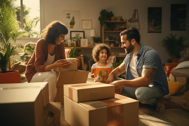 Una familia empacando y etiquetando cajas móviles