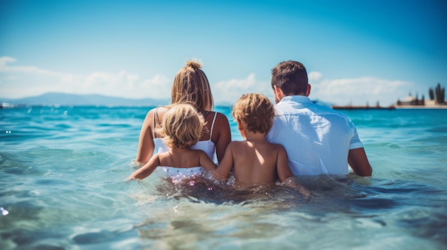 Una familia encantadora y linda se está relajando en el mar Una hermosa imagen de ilustración IA generativa