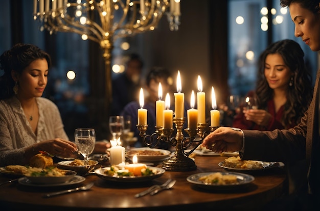 Una familia enciende una vela para la festividad judía de Hanukkah