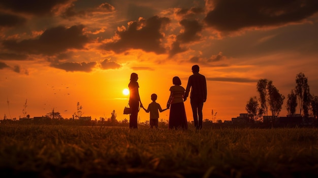 Una familia se encuentra en un campo al atardecer.