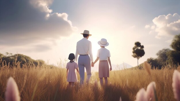 Foto una familia se encuentra en un campo con el sol brillando sobre ellos.