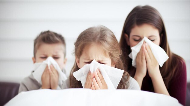 familia enferma de gripe en la cama en casa