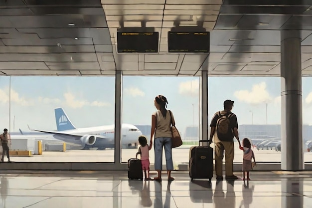 familia con equipaje en el carrito de la mochila espera para abordar el avión en el aeropuerto para el viaje de vacaciones