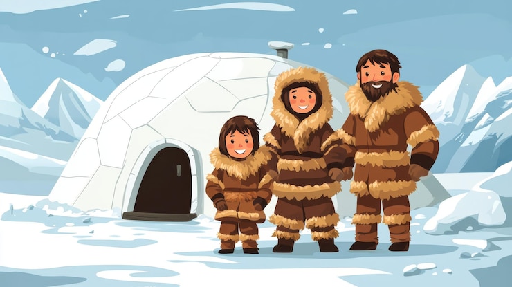 Foto família esquimal ou inuit em roupas nacionais tradicionais na frente de um iglu