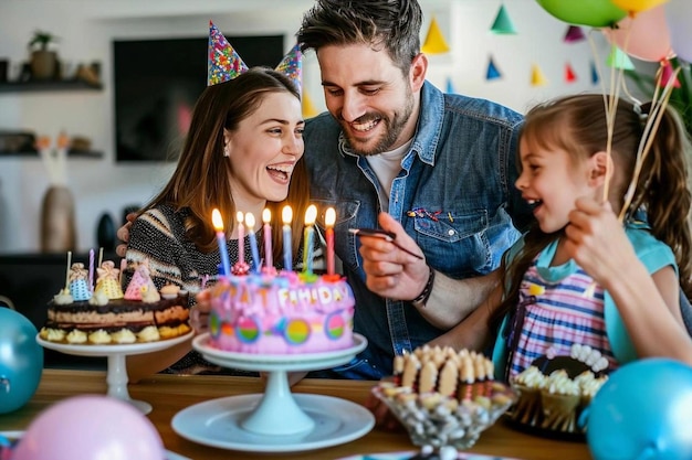 una familia está celebrando su cumpleaños y los niños están celebrando