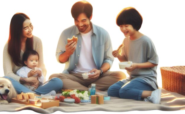 una familia está comiendo comida y el hombre está sosteniendo una caja de comida