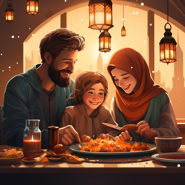una familia está comiendo una comida con un niño y las palabras familia en la pared