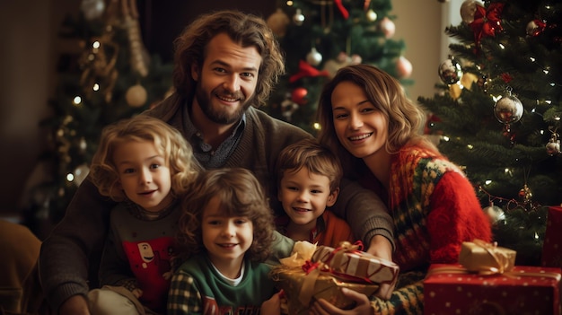 La familia está decorando el árbol de Navidad Generar IA