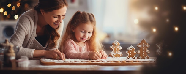 Família está fazendo pão de gengibre com as crianças na cozinha panorama de Natal Generative Ai