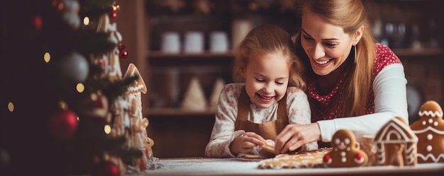 Família está fazendo pão de gengibre com as crianças na cozinha panorama de Natal Generative Ai